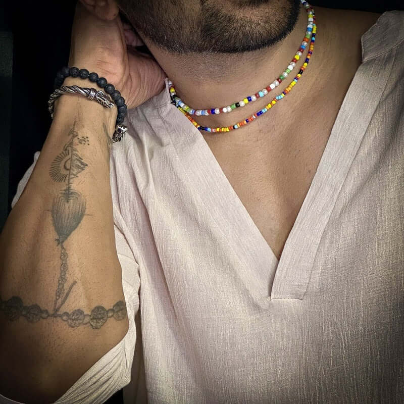 THE MEN THING Pearl / Bead Necklace BOHO STYLE COLOUR - Multi-Layer Beads Necklace for Men & Boys (20 inch)