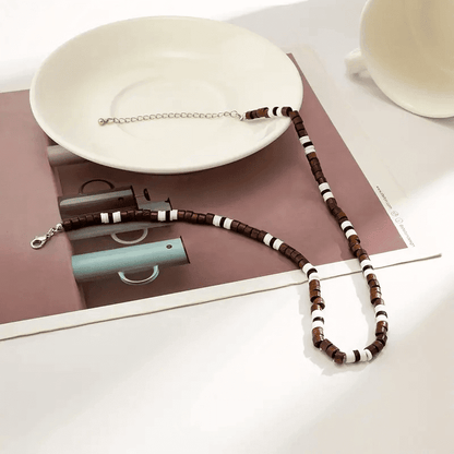 THE MEN THING Pearl / Bead Necklace BROWN TIGER COCO - Seed Beaded Necklace - Brown and White Puka Shells - Stylish Necklace for Men and Boys (21 inches with adjustable cable chain)