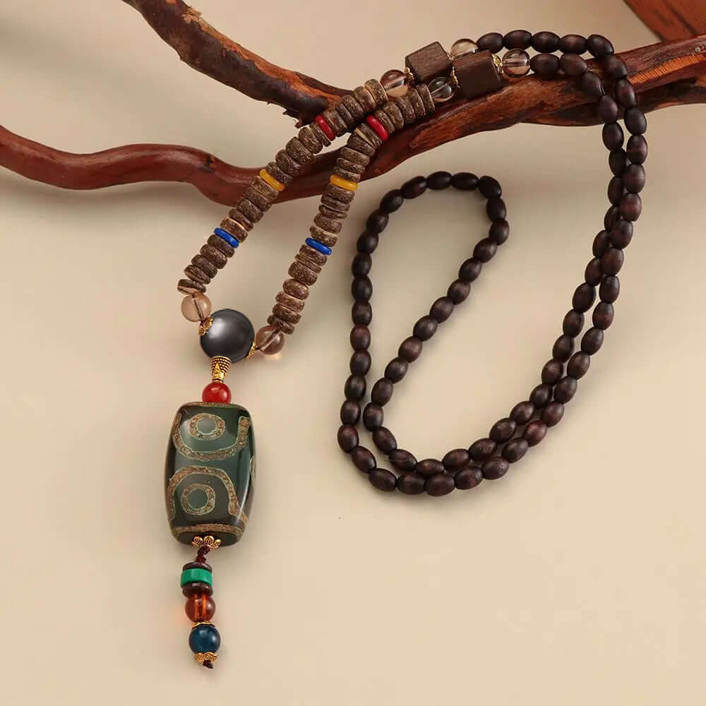 THE MEN THING Pearl / Bead Necklace BUDDHIST MALA - Wood Bead Necklace -  Green Agate Large Dzi Pendant & Necklace Ethnic Long necklace for Men & Boys  (36 Inch)