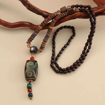 THE MEN THING Pearl / Bead Necklace BUDDHIST MALA - Wood Bead Necklace -  Green Agate Large Dzi Pendant & Necklace Ethnic Long necklace for Men & Boys  (36 Inch)