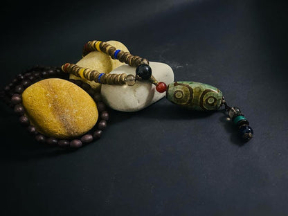 THE MEN THING Pearl / Bead Necklace BUDDHIST MALA - Wood Bead Necklace -  Green Agate Large Dzi Pendant & Necklace Ethnic Long necklace for Men & Boys  (36 Inch)