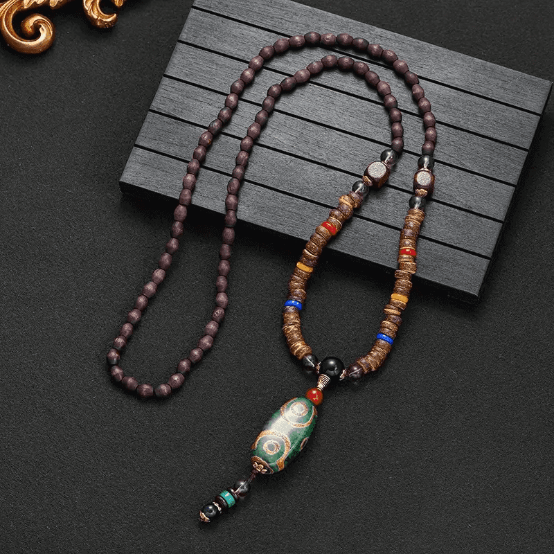 THE MEN THING Pearl / Bead Necklace BUDDHIST MALA - Wood Bead Necklace -  Green Agate Large Dzi Pendant & Necklace Ethnic Long necklace for Men & Boys  (36 Inch)