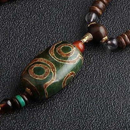 THE MEN THING Pearl / Bead Necklace BUDDHIST MALA - Wood Bead Necklace -  Green Agate Large Dzi Pendant & Necklace Ethnic Long necklace for Men & Boys  (36 Inch)