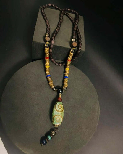 THE MEN THING Pearl / Bead Necklace BUDDHIST MALA - Wood Bead Necklace -  Green Agate Large Dzi Pendant & Necklace Ethnic Long necklace for Men & Boys  (36 Inch)