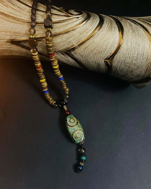 THE MEN THING Pearl / Bead Necklace BUDDHIST MALA - Wood Bead Necklace -  Green Agate Large Dzi Pendant & Necklace Ethnic Long necklace for Men & Boys  (36 Inch)