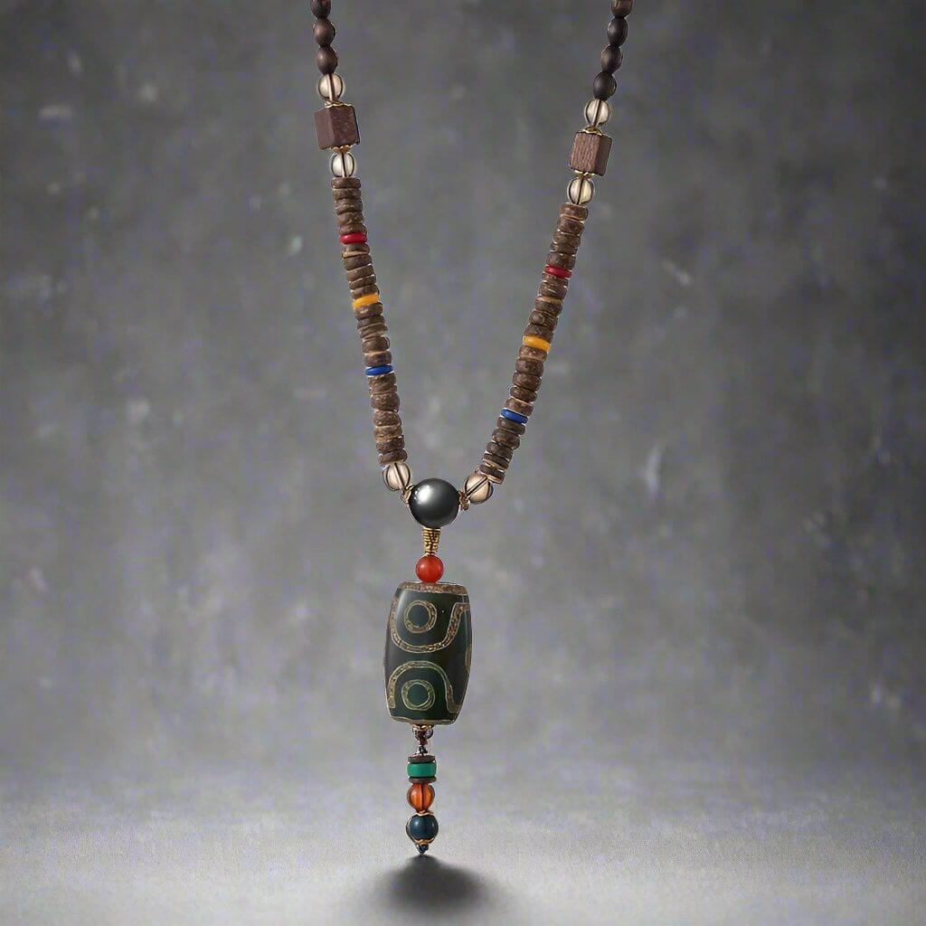 THE MEN THING Pearl / Bead Necklace BUDDHIST MALA - Wood Bead Necklace -  Green Agate Large Dzi Pendant & Necklace Ethnic Long necklace for Men & Boys  (36 Inch)