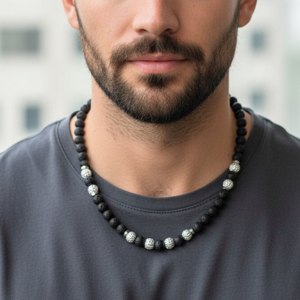 THE MEN THING Pearl / Bead Necklace CAVRIEL - 8mm Beads Necklace with Natural Stone Mens & Boys (19-21 inch with adjustable cable chain)