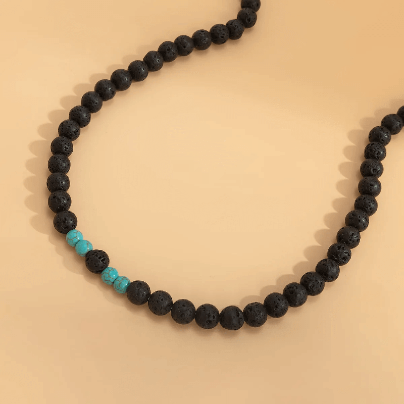 THE MEN THING Pearl / Bead Necklace COOL FAB LAGOON -  Natural Black Lava Stone with Blue Pearl Necklace Mens & Boys (21 inch with adjustable cable chain)