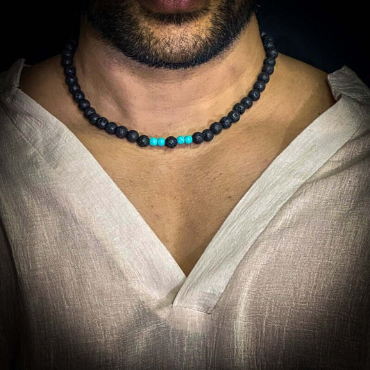 THE MEN THING Pearl / Bead Necklace COOL FAB LAGOON -  Natural Black Lava Stone with Blue Pearl Necklace Mens & Boys (21 inch with adjustable cable chain)