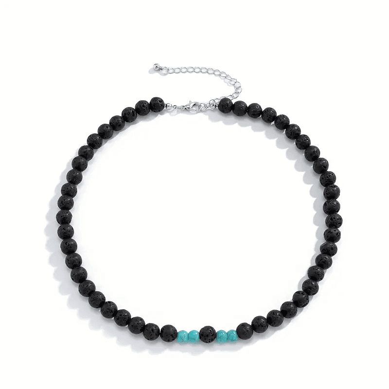 THE MEN THING Pearl / Bead Necklace COOL FAB LAGOON -  Natural Black Lava Stone with Blue Pearl Necklace Mens & Boys (21 inch with adjustable cable chain)