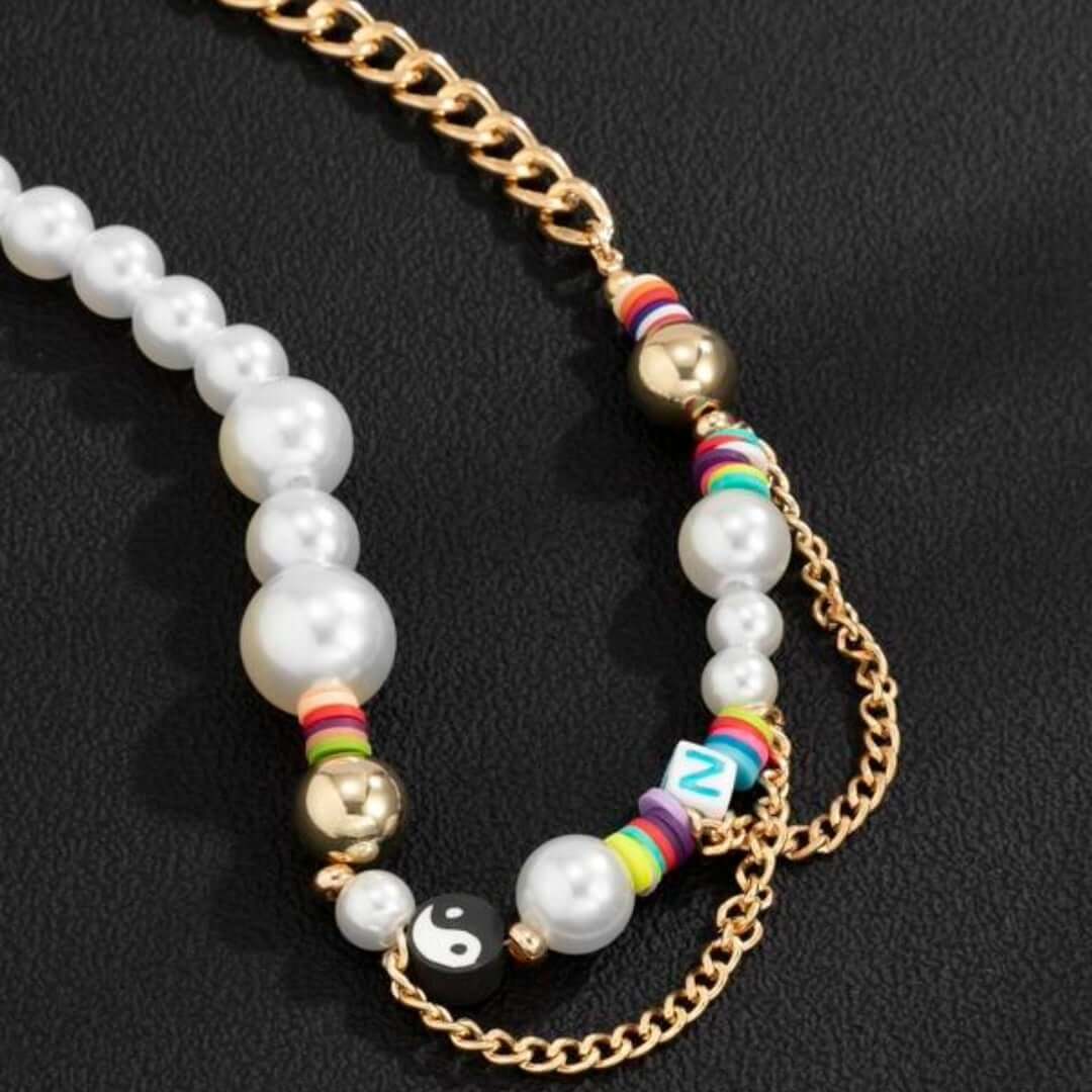 THE MEN THING Pearl / Bead Necklace DARE TO WEAR PEARL -  Pearl Necklace for Men - Half Pearl Half Gold Toned Chain Necklace for Mens & Boys (21 inch with adjustable cable chain)