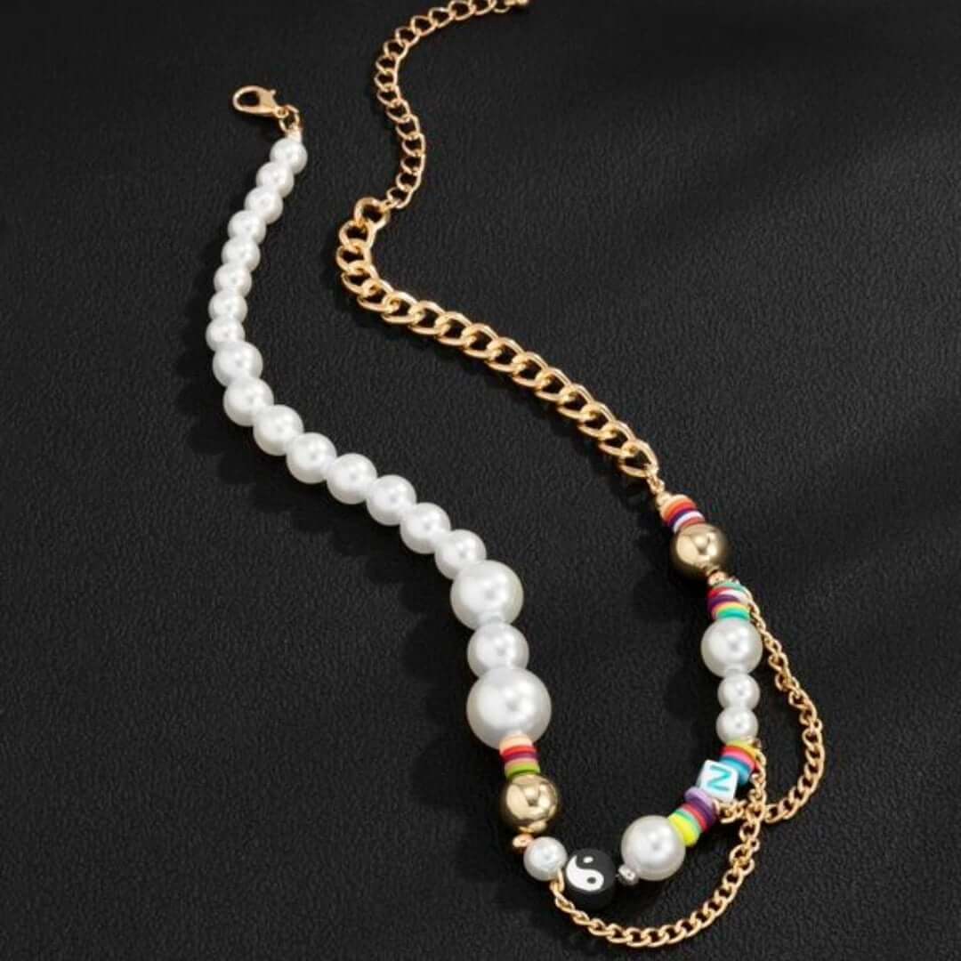 THE MEN THING Pearl / Bead Necklace DARE TO WEAR PEARL -  Pearl Necklace for Men - Half Pearl Half Gold Toned Chain Necklace for Mens & Boys (21 inch with adjustable cable chain)