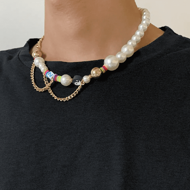 THE MEN THING Pearl / Bead Necklace DARE TO WEAR PEARL -  Pearl Necklace for Men - Half Pearl Half Gold Toned Chain Necklace for Mens & Boys (21 inch with adjustable cable chain)