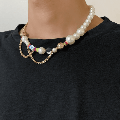 THE MEN THING Pearl / Bead Necklace DARE TO WEAR PEARL -  Pearl Necklace for Men - Half Pearl Half Gold Toned Chain Necklace for Mens & Boys (21 inch with adjustable cable chain)