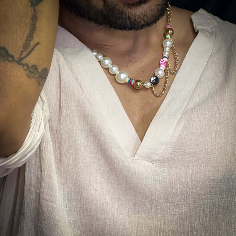 THE MEN THING Pearl / Bead Necklace DARE TO WEAR PEARL -  Pearl Necklace for Men - Half Pearl Half Gold Toned Chain Necklace for Mens & Boys (21 inch with adjustable cable chain)