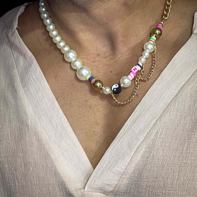 THE MEN THING Pearl / Bead Necklace DARE TO WEAR PEARL -  Pearl Necklace for Men - Half Pearl Half Gold Toned Chain Necklace for Mens & Boys (21 inch with adjustable cable chain)