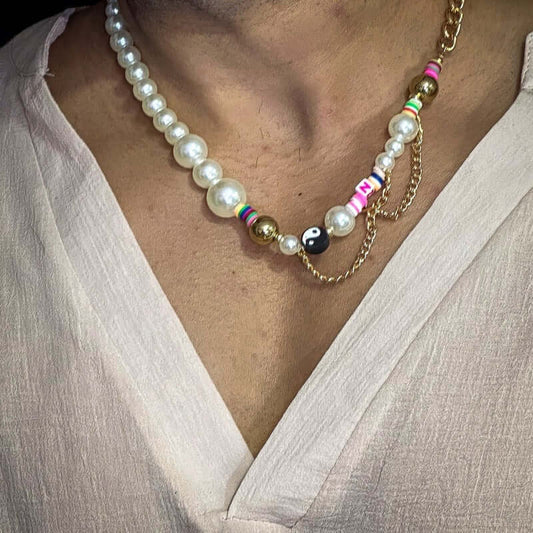 THE MEN THING Pearl / Bead Necklace DARE TO WEAR PEARL -  Pearl Necklace for Men - Half Pearl Half Gold Toned Chain Necklace for Mens & Boys (21 inch with adjustable cable chain)