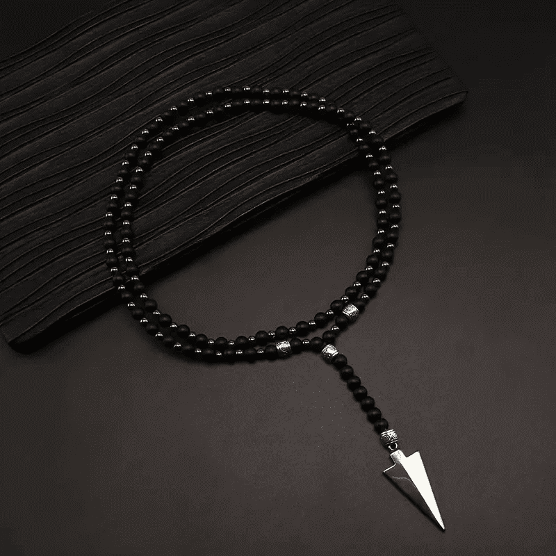 THE MEN THING Pearl / Bead Necklace FLETCH ARROW BLACK - "6"mm Black Matte Onyx Round Beads Arrow Necklace for Men and Boys (36 inch )