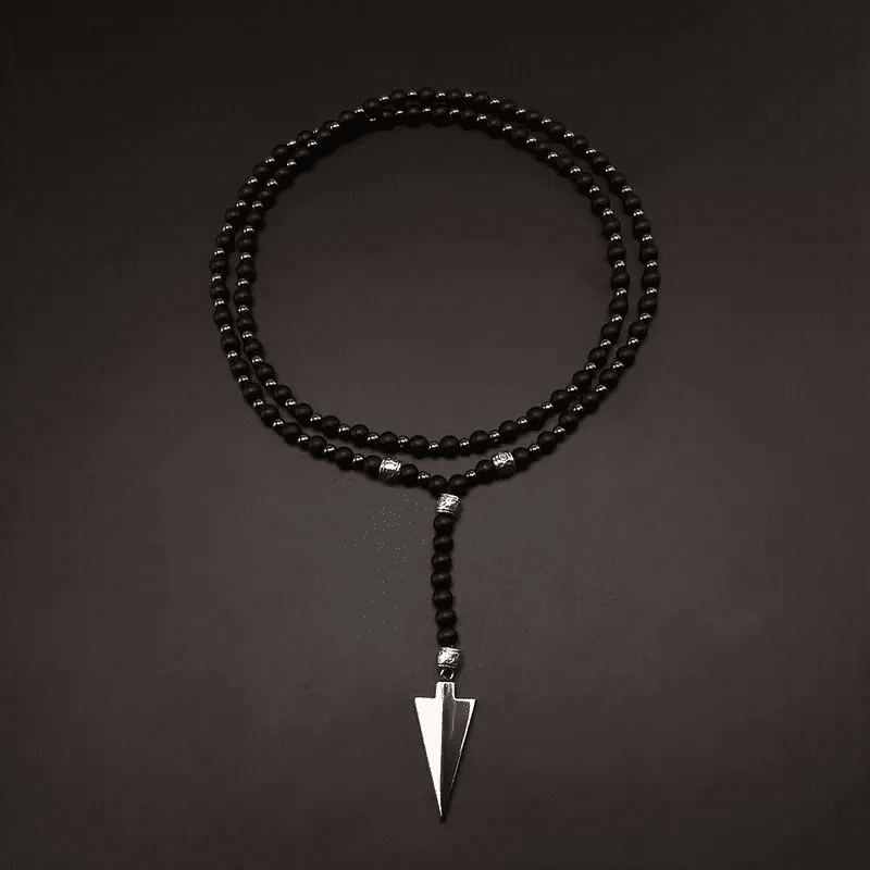 THE MEN THING Pearl / Bead Necklace FLETCH ARROW BLACK - "6"mm Black Matte Onyx Round Beads Arrow Necklace for Men and Boys (36 inch )