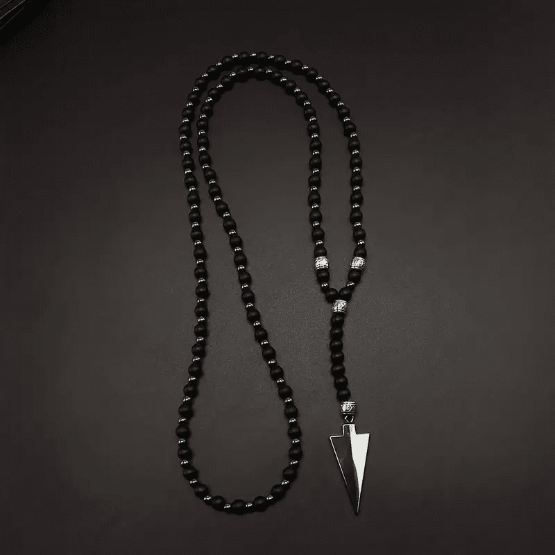 THE MEN THING Pearl / Bead Necklace FLETCH ARROW BLACK - "6"mm Black Matte Onyx Round Beads Arrow Necklace for Men and Boys (36 inch )