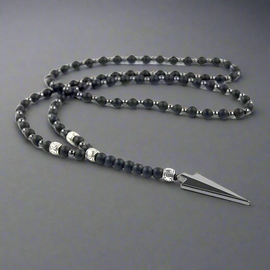 THE MEN THING Pearl / Bead Necklace FLETCH ARROW BLACK - "6"mm Black Matte Onyx Round Beads Arrow Necklace for Men and Boys (36 inch )