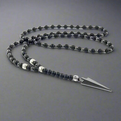 THE MEN THING Pearl / Bead Necklace FLETCH ARROW BLACK - "6"mm Black Matte Onyx Round Beads Arrow Necklace for Men and Boys (36 inch )