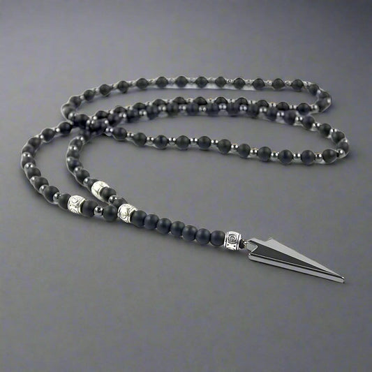 THE MEN THING Pearl / Bead Necklace FLETCH ARROW BLACK - "6"mm Black Matte Onyx Round Beads Arrow Necklace for Men and Boys (36 inch )