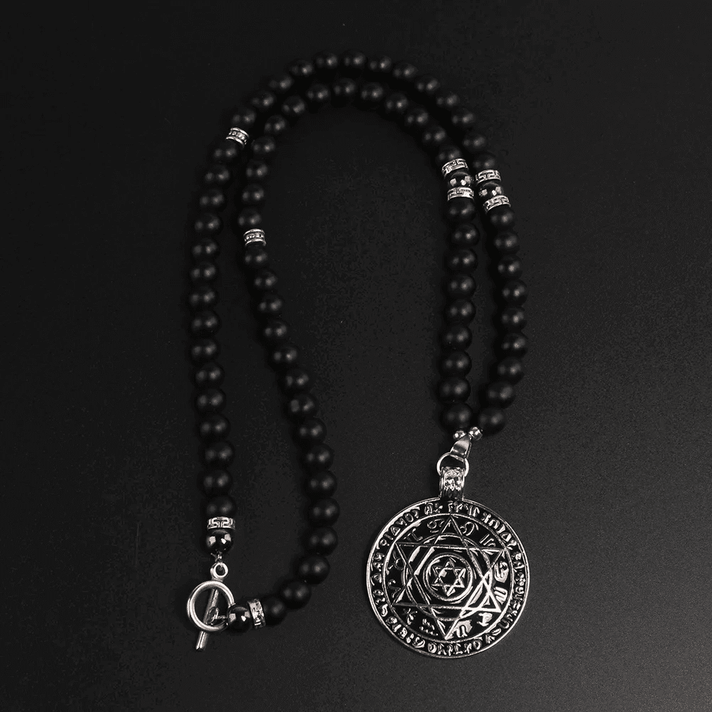 THE MEN THING Pearl / Bead Necklace HEXAGRAM - 8mm Black Natural Onyx Beads Necklace for Men & Boys (24 inch)