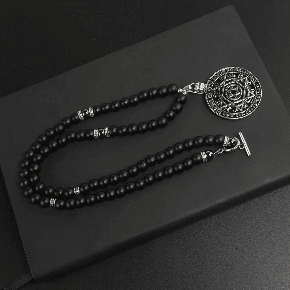 THE MEN THING Pearl / Bead Necklace HEXAGRAM - 8mm Black Natural Onyx Beads Necklace for Men & Boys (24 inch)