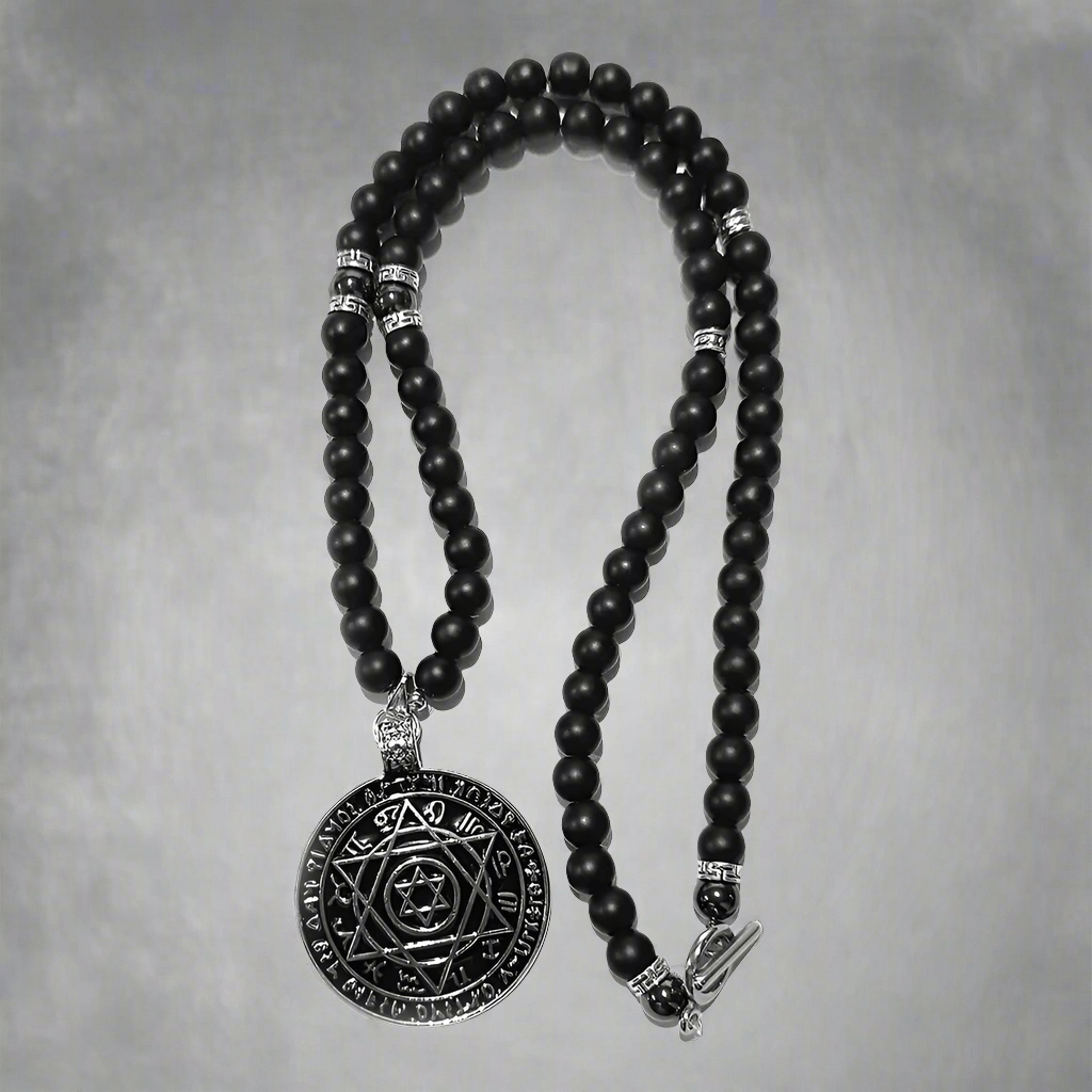 THE MEN THING Pearl / Bead Necklace HEXAGRAM - 8mm Black Natural Onyx Beads Necklace for Men & Boys (24 inch)