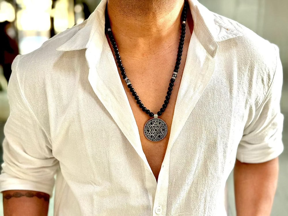 THE MEN THING Pearl / Bead Necklace HEXAGRAM - 8mm Black Natural Onyx Beads Necklace for Men & Boys (24 inch)