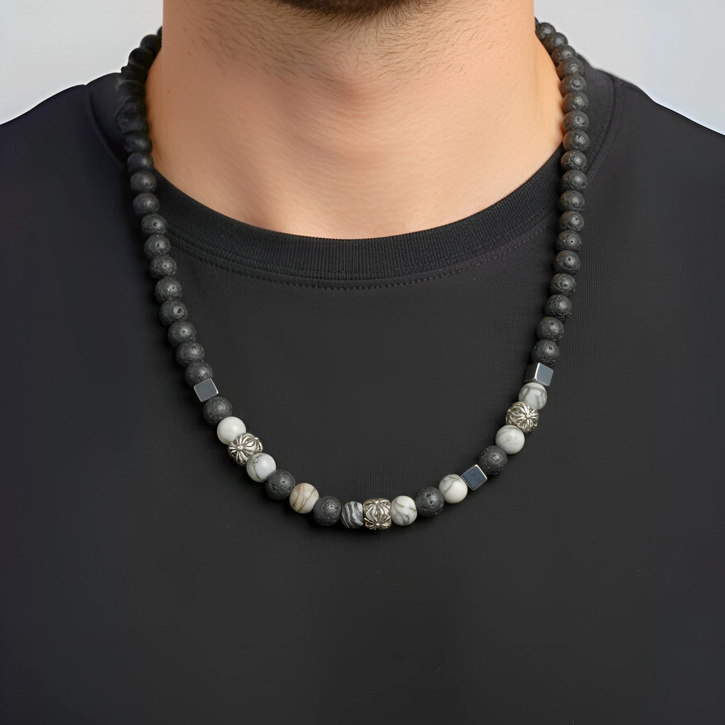 THE MEN THING Pearl / Bead Necklace KAELIX - 8mm Beads Necklace with Natural Stone Mens & Boys (19-21 inch with adjustable cable chain)