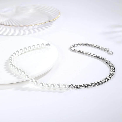 THE MEN THING Pearl / Bead Necklace OPULENT ORBIT - Stylish Pearl Necklace with Cuban Chain Fusion Necklaces for Men and Boys (17 Inch)