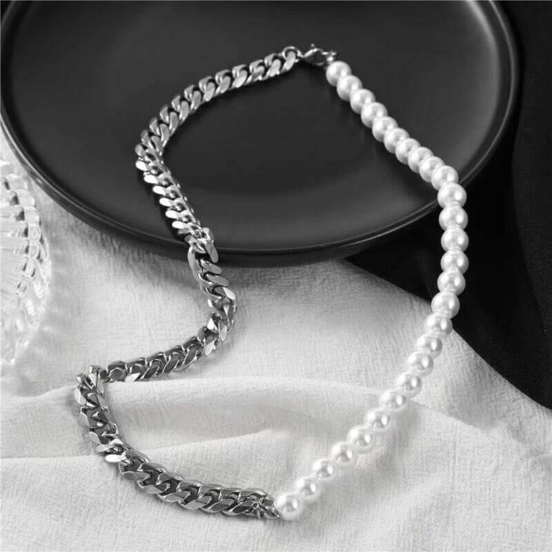THE MEN THING Pearl / Bead Necklace OPULENT ORBIT - Stylish Pearl Necklace with Cuban Chain Fusion Necklaces for Men and Boys (17 Inch)