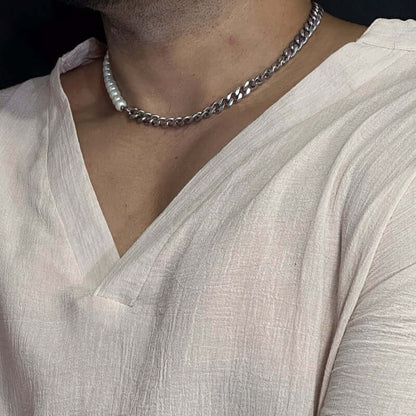 THE MEN THING Pearl / Bead Necklace OPULENT ORBIT - Stylish Pearl Necklace with Cuban Chain Fusion Necklaces for Men and Boys (17 Inch)