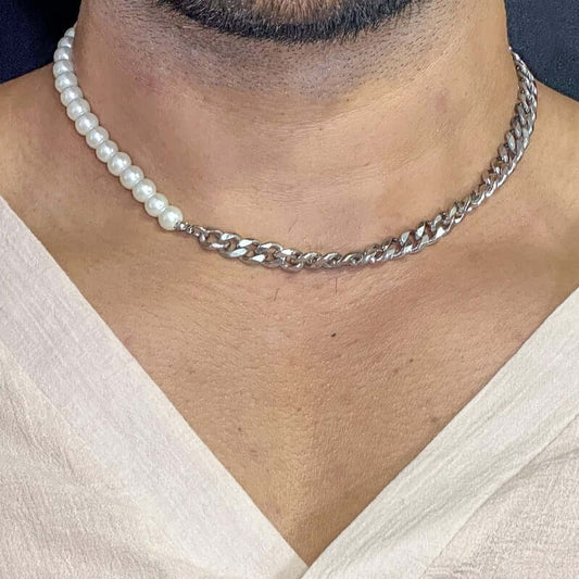 THE MEN THING Pearl / Bead Necklace OPULENT ORBIT - Stylish Pearl Necklace with Cuban Chain Fusion Necklaces for Men and Boys (17 Inch)