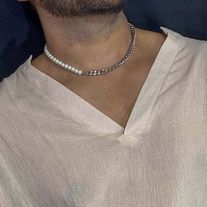 THE MEN THING Pearl / Bead Necklace OPULENT ORBIT - Stylish Pearl Necklace with Cuban Chain Fusion Necklaces for Men and Boys (17 Inch)