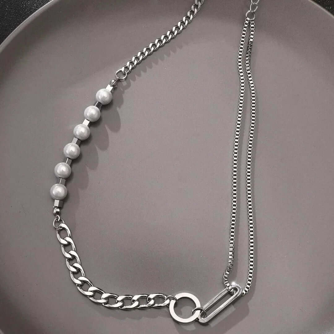 THE MEN THING Pearl / Bead Necklace PEARL RUGGED - Pure Titanium Steel Necklace with 23 inch Cuban Chain for Men & Boys