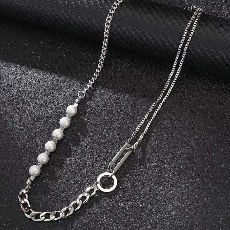 THE MEN THING Pearl / Bead Necklace PEARL RUGGED - Pure Titanium Steel Necklace with 23 inch Cuban Chain for Men & Boys