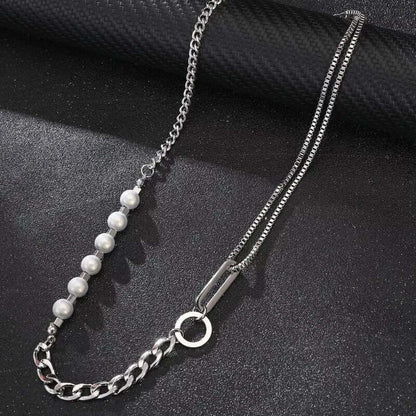 THE MEN THING Pearl / Bead Necklace PEARL RUGGED - Pure Titanium Steel Necklace with 23 inch Cuban Chain for Men & Boys