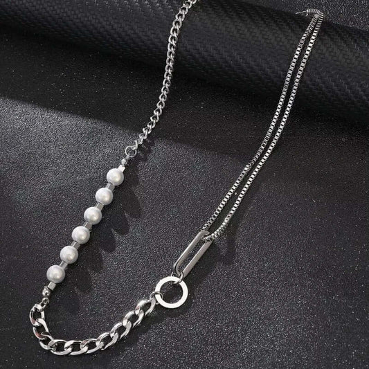 THE MEN THING Pearl / Bead Necklace PEARL RUGGED - Pure Titanium Steel Necklace with 23 inch Cuban Chain for Men & Boys