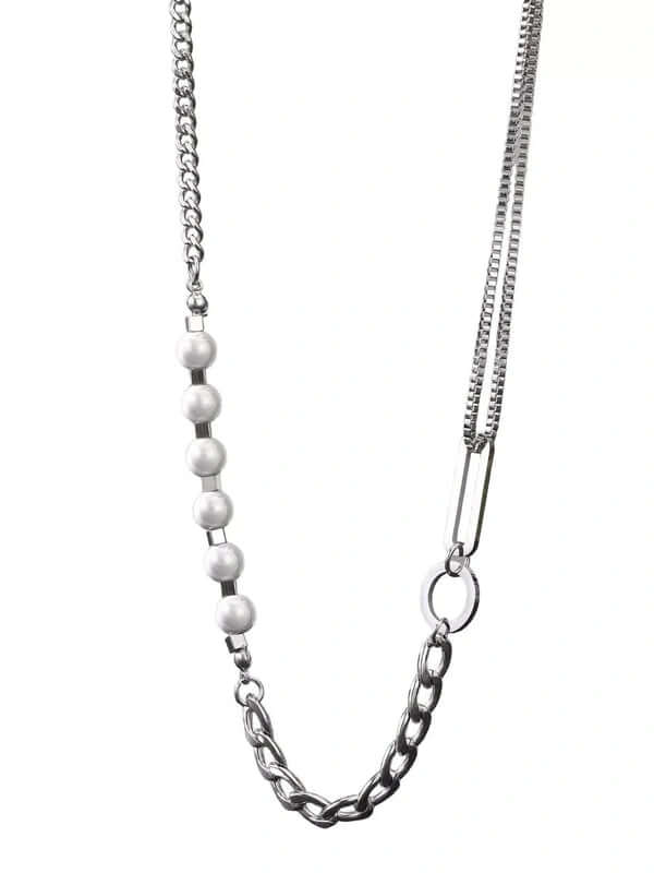 THE MEN THING Pearl / Bead Necklace PEARL RUGGED - Pure Titanium Steel Necklace with 23 inch Cuban Chain for Men & Boys