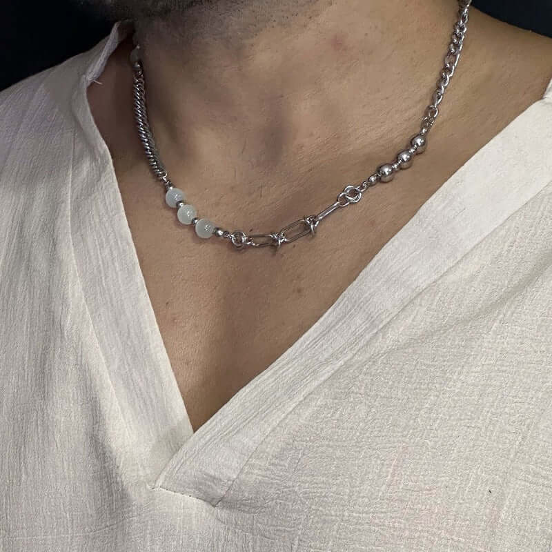 THE MEN THING Pearl / Bead Necklace PEARLIZED AMALGAMATION -  Stylish Trigon Pearl Necklaces Fusioned with Steel Chain for men and boys (22 Inch)