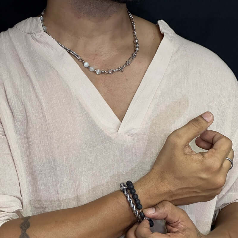 THE MEN THING Pearl / Bead Necklace PEARLIZED AMALGAMATION -  Stylish Trigon Pearl Necklaces Fusioned with Steel Chain for men and boys (22 Inch)