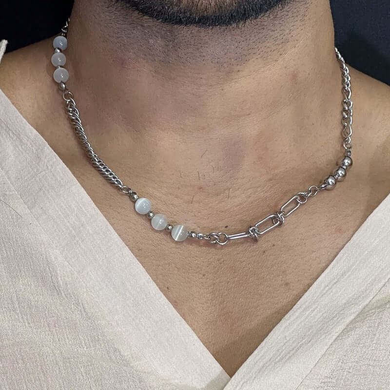 THE MEN THING Pearl / Bead Necklace PEARLIZED AMALGAMATION -  Stylish Trigon Pearl Necklaces Fusioned with Steel Chain for men and boys (22 Inch)