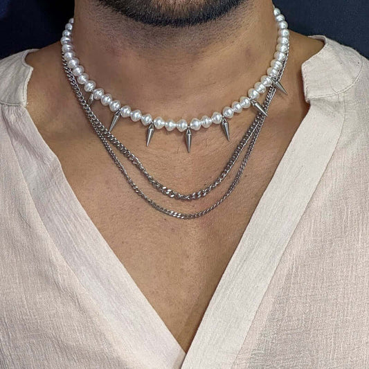 THE MEN THING Pearl / Bead Necklace PRISMATIC PEARL ARMORY -  Pearl Necklace with Man Stainless Steel Cuban Chain Spikes Pendant Necklace for Men & Boys  (18 - 21 Inch)