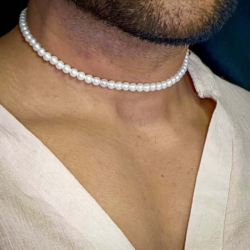 THE MEN THING Pearl / Bead Necklace ROUND PEARL CHOKER  WHITE - Necklace for Men & Boys (16 to 24 Inch) - 1Pc.
