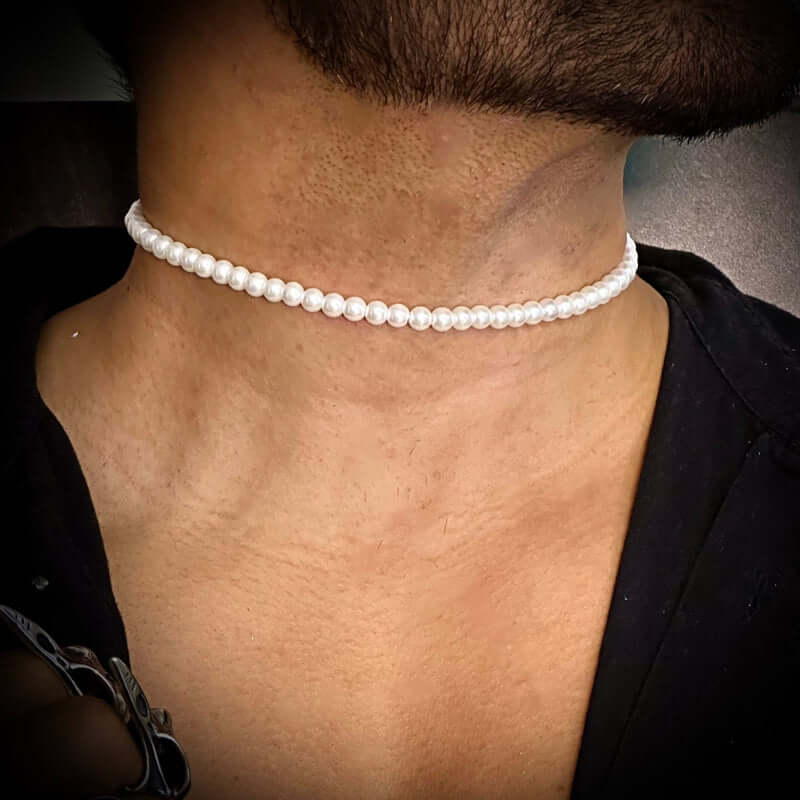 THE MEN THING Pearl / Bead Necklace ROUND PEARL CHOKER  WHITE - Necklace for Men & Boys (16 to 24 Inch) - 1Pc.