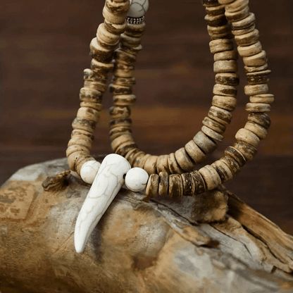THE MEN THING Pearl / Bead Necklace TRIBAL COCONUT WHITE HORN - Beaded Necklace with stone beads Horn Tooth Pendants for Mens & Boys (24 inch)