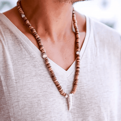 THE MEN THING Pearl / Bead Necklace TRIBAL COCONUT WHITE HORN - Beaded Necklace with stone beads Horn Tooth Pendants for Mens & Boys (24 inch)